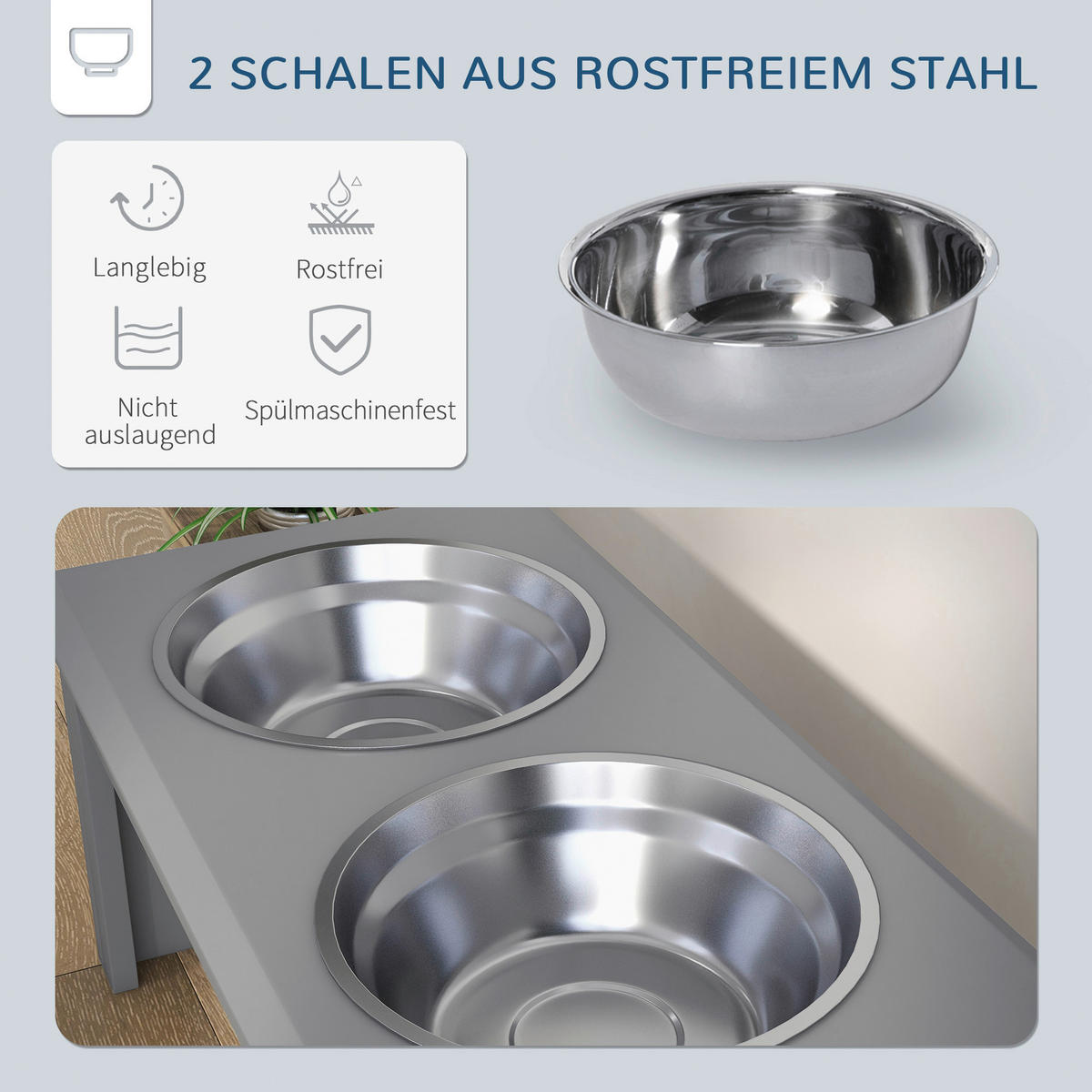 PawHut Futternapf grau Edelstahl B/H/L: ca. 30,5x25,4x58,4 cm Futternapf - grau (58,40/30,50/25,40cm) - PawHut
