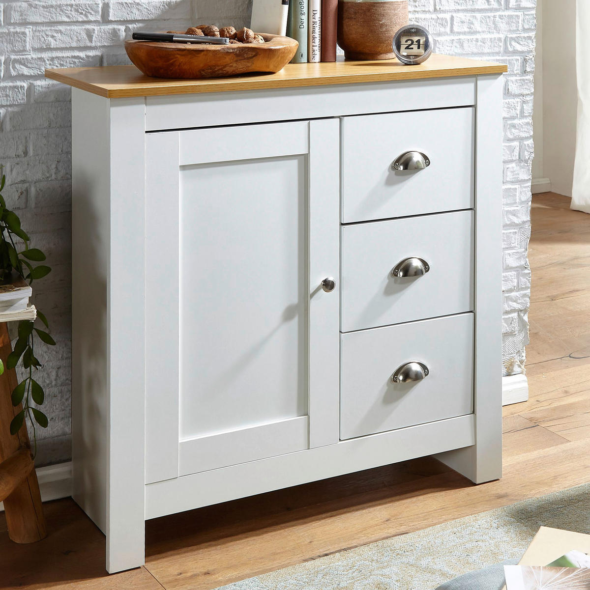 Sideboard weiß natur B/H/T: ca. 79x81x35 cm Sideboard - weiß/natur (79,00/81,00/35,00cm) - Wohnling