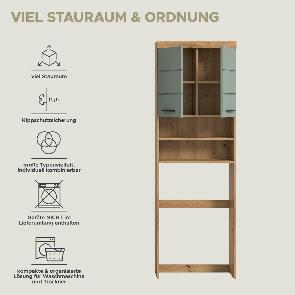 Waschmaschinenumbauschrank Scout Eiche Artisan Nachbildung salbei Nachbildung B/H/T: ca. 63x191x24 cm Scout - Eiche/salbei (63,00/191,00/24,00cm) - xonox.home