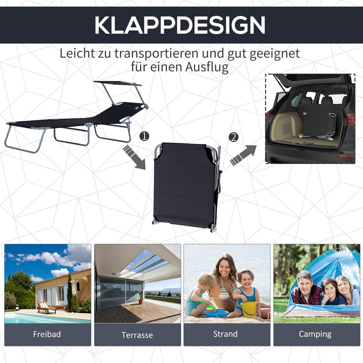 Outsunny Sonnenliege schwarz Stoff B/H/L: ca. 58x27x187 cm Sonnenliege - schwarz (187,00/58,00/27,00cm) - Outsunny