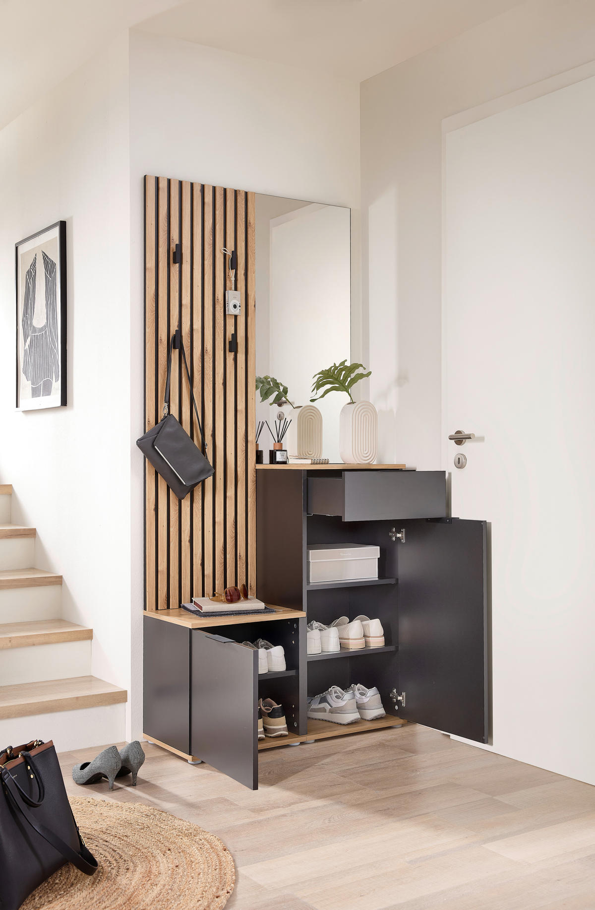 Garderobe Simple anthrazit Eiche Artisan Nachbildung B/H/T: ca. 88x195x35 cm Simple - Eiche/anthrazit (88,00/195,00/35,00cm)