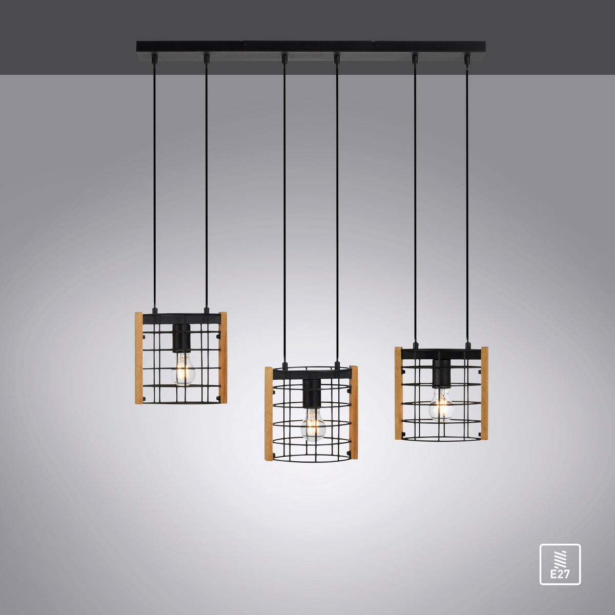Just Light Pendelleuchte DRAIN 15252-18 kiefer schwarz Holz Metall B/H/T: ca. 82x150x12 cm E27 3 Brennstellen DRAIN - kiefer/schwarz (82,00/150,00/12,00cm) - Just Light