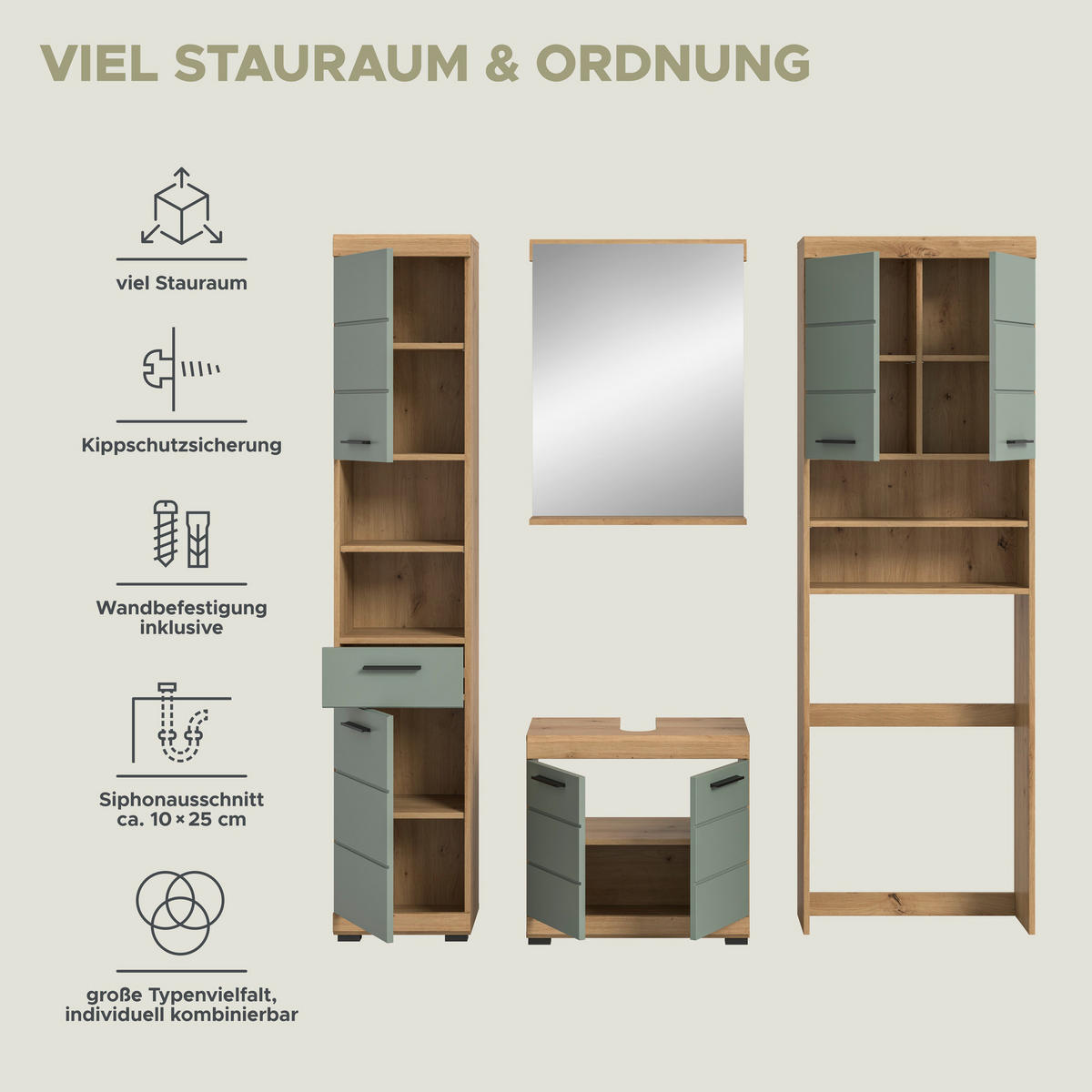 Badezimmer-Set Scout Eiche Artisan Nachbildung salbei Nachbildung B/H/T: ca. 190x191x34 cm Scout - Eiche/salbei (190,00/191,00/34,00cm) - xonox.home