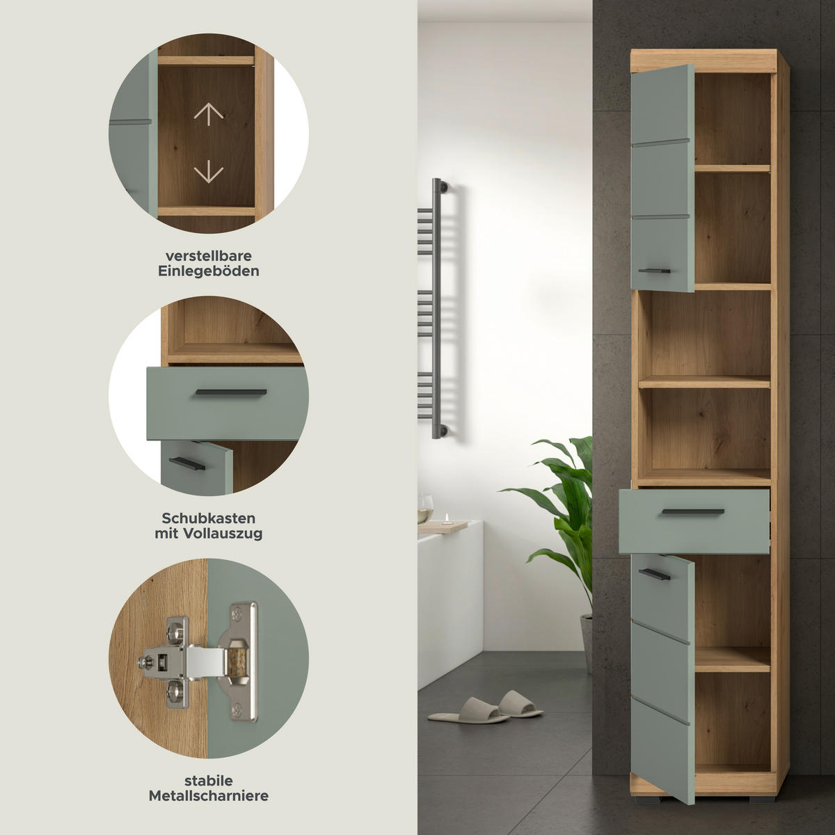 Badhochschrank Scout Eiche Artisan Nachbildung salbei Nachbildung B/H/T: ca. 37x191x31 cm Scout - Eiche/salbei (37,00/191,00/31,00cm) - xonox.home