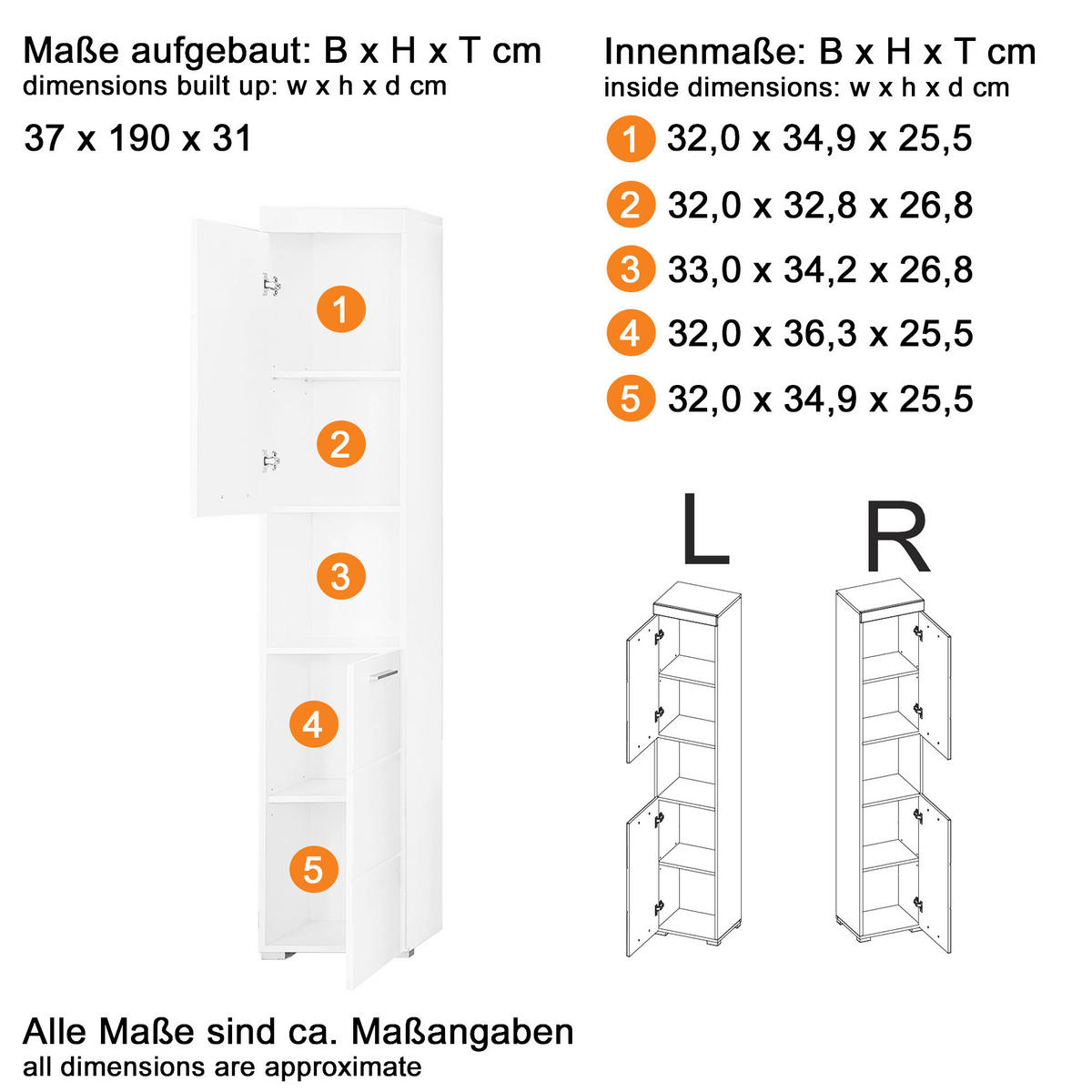 Hochschrank Amanda weiß Hochglanz Asteiche Nachbildung B/H/T: ca. 37x190x31 cm Amanda - weiß (37,00/190,00/31,00cm) - Trendteam