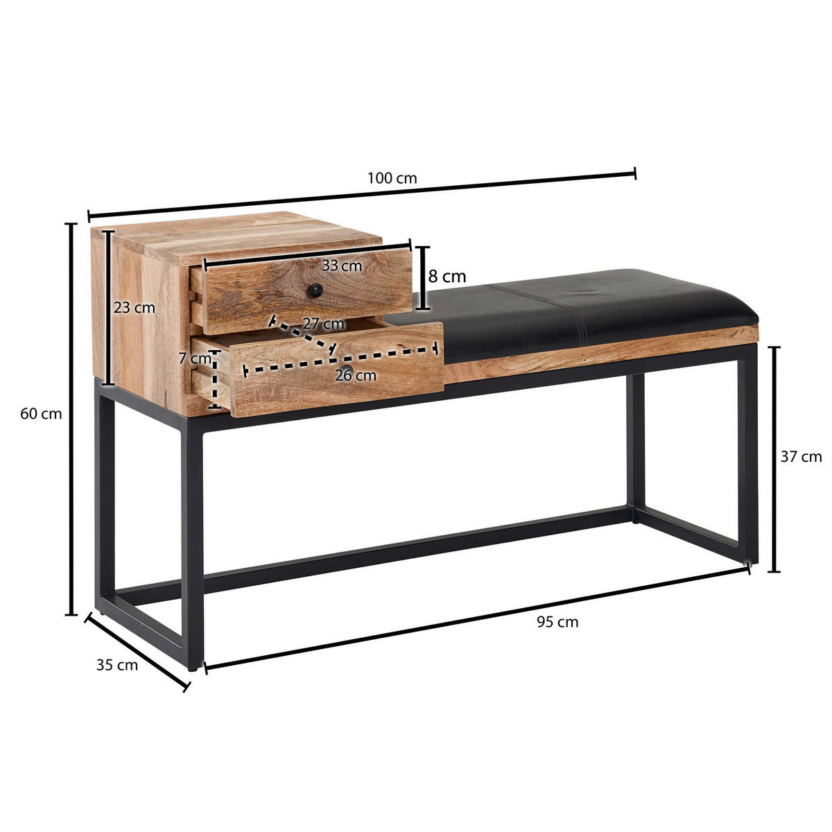 Wohnling Sitzbank natur schwarz schwarz Echtholz Leder Eisen B/H/T: ca. 100x60x35 cm Sitzbank - natur/schwarz (100,00/60,00/35,00cm) - Wohnling