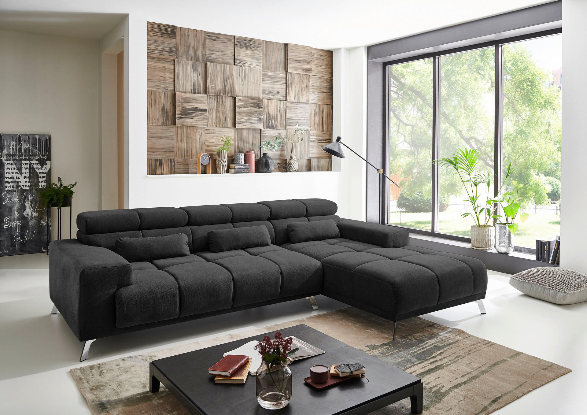 Ecksofa mit elektrischer Sitztiefenverstellung schwarz Flachgewebe B/H/T: ca. 285x99x201 cm Speed_2F/li-OT/re_004_Ecksofa - schwarz/Chrom (285,00/99,00/201,00cm)