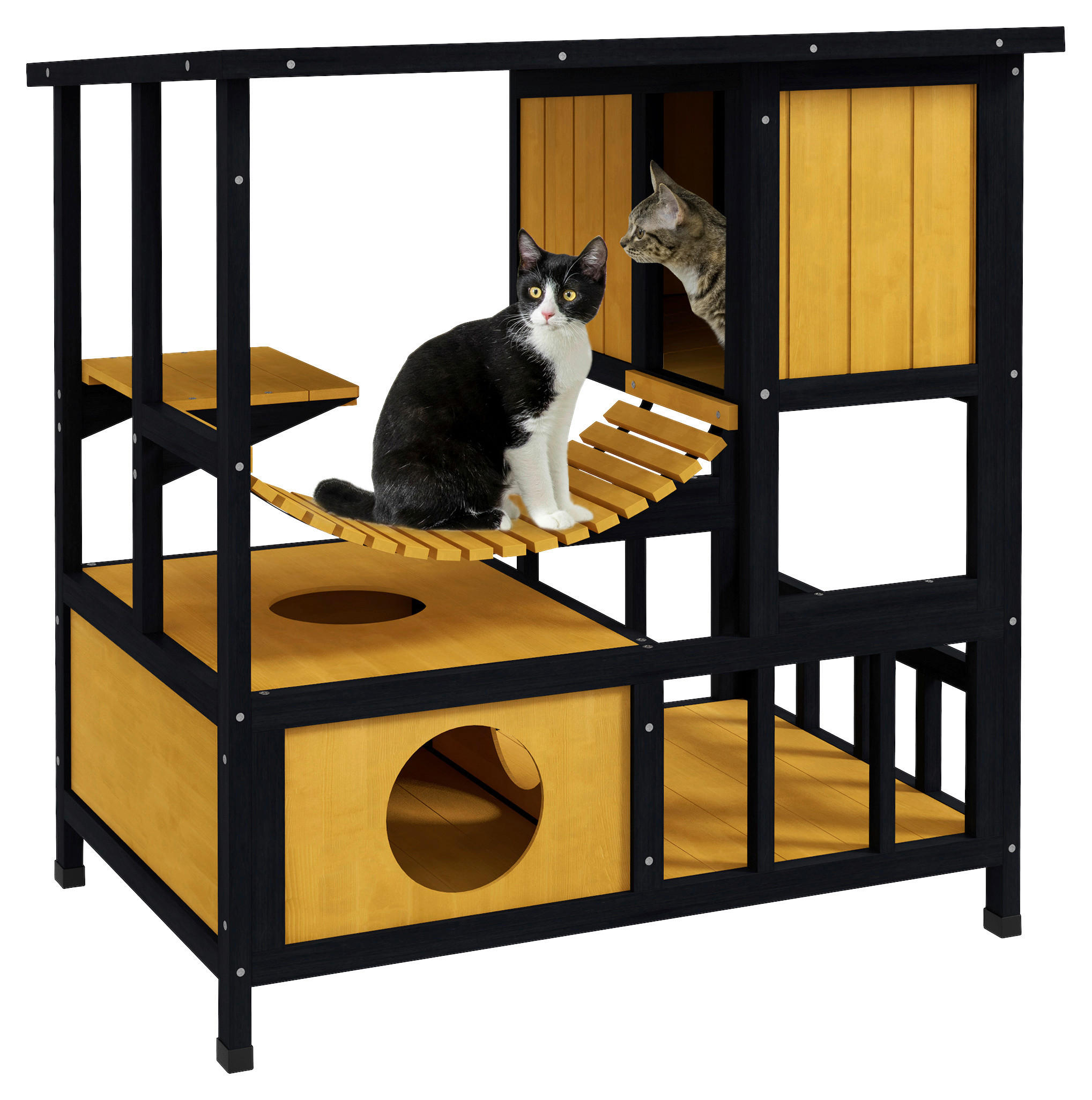 PawHut Katzen-Zubehör schwarz Polypropylen B/H/L: ca. 60x84,5x88 cm Katzenhaus - gelb/schwarz (88,00/60,00/84,50cm) - PawHut
