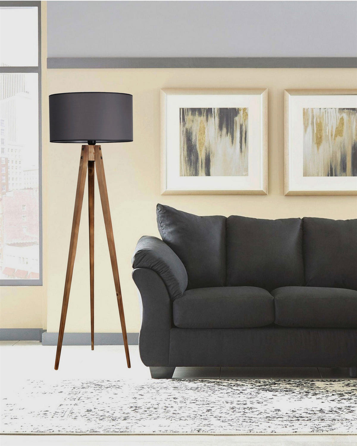 Opviq Stehleuchte braun grau Holz Stoff B/H/L: ca. 45x153x45 cm E27 1 Brennstellen Stehleuchte_8285-2 - braun/grau (45,00/45,00/153,00cm) - Opviq