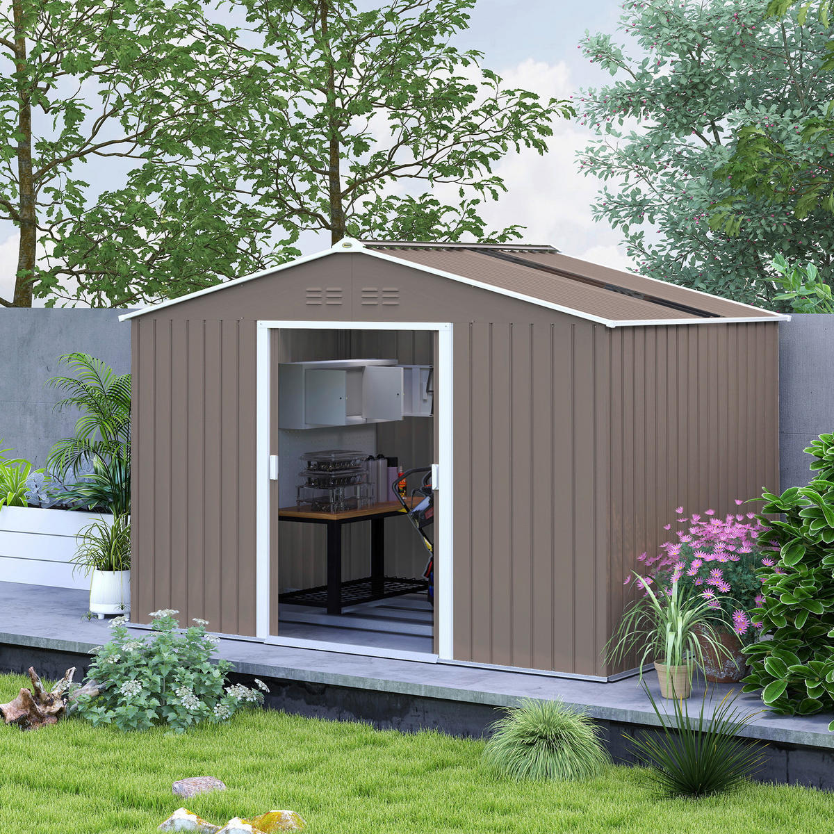 Outsunny Gartenhaus hellgrau B/H/L: ca. 195x192x277 cm Gartenhaus - hellgrau (277,00/195,00/192,00cm) - Outsunny