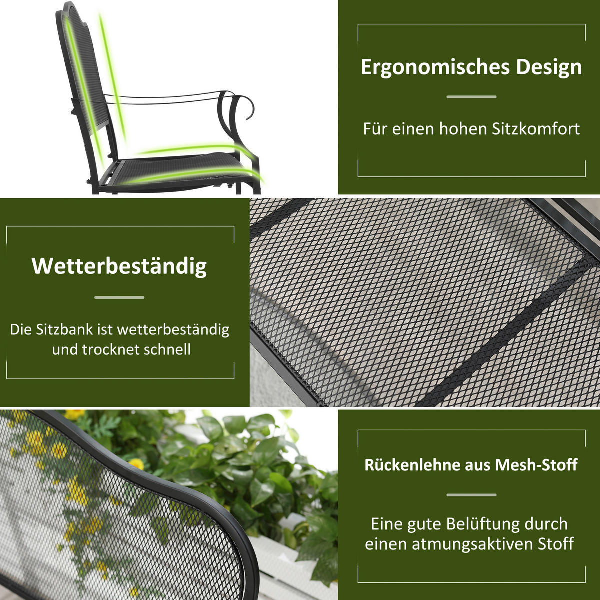 Outsunny Gartenbank schwarz Metall B/H/L: ca. 58x98x113 cm Gartenbank - schwarz (113,00/58,00/98,00cm) - Outsunny