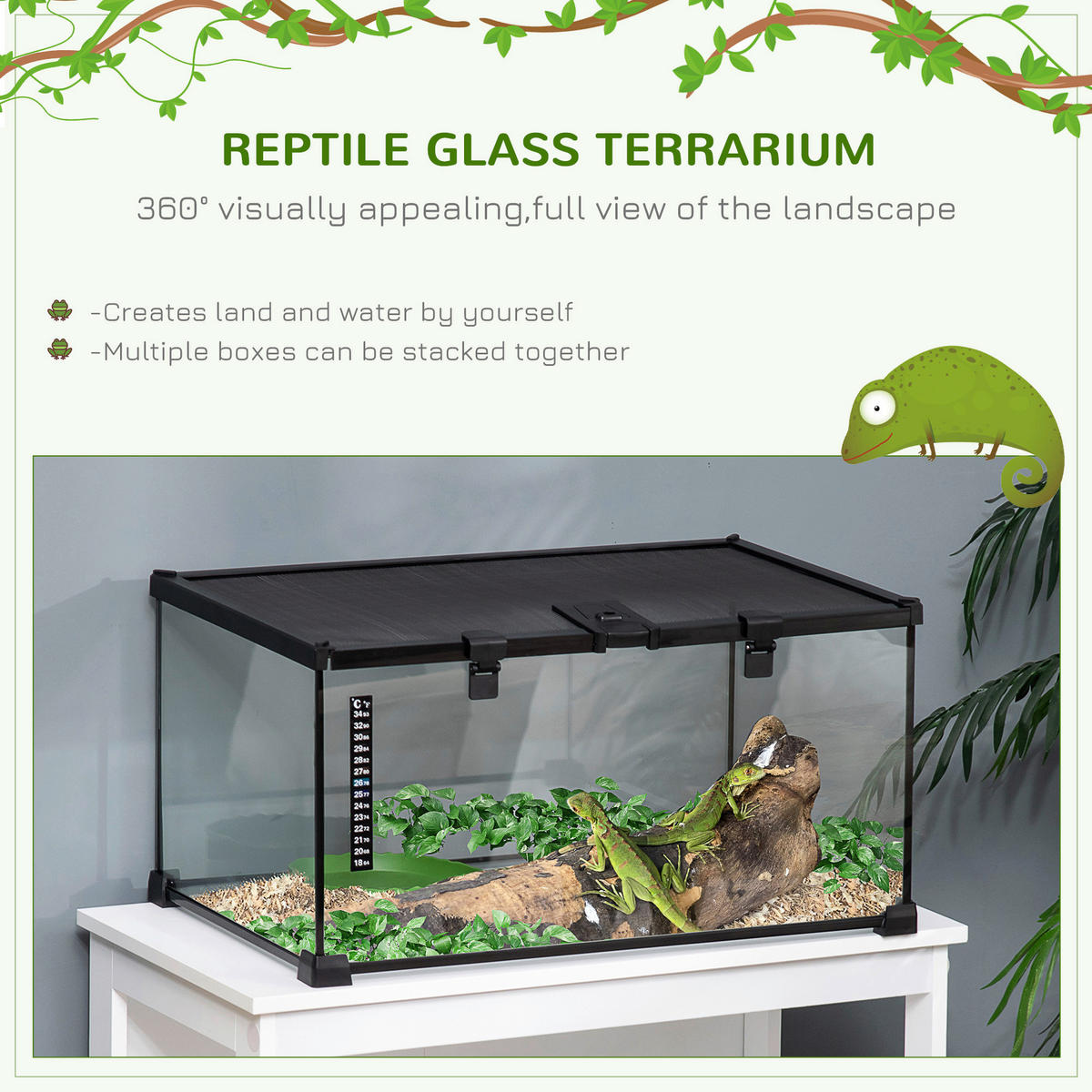 PawHut Terrarium schwarz Edelstahl B/H/L: ca. 30x50x25 cm Terrarium_für_Reptilien - schwarz (25,00/30,00/50,00cm) - PawHut