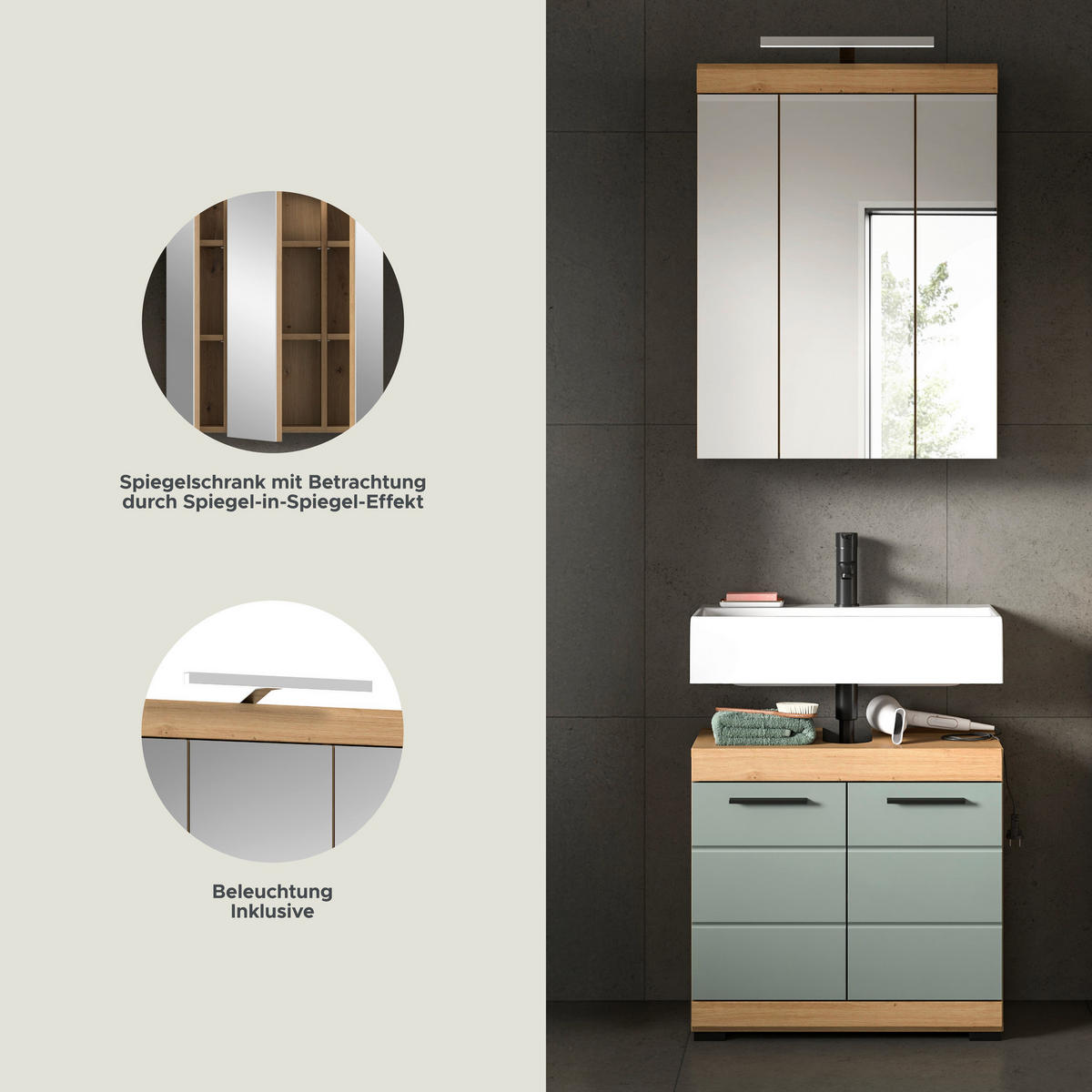 Badezimmer-Set Scout Eiche Artisan Nachbildung salbei Nachbildung B/H/T: ca. 60x191x34 cm Scout - Eiche/salbei (60,00/191,00/34,00cm) - xonox.home