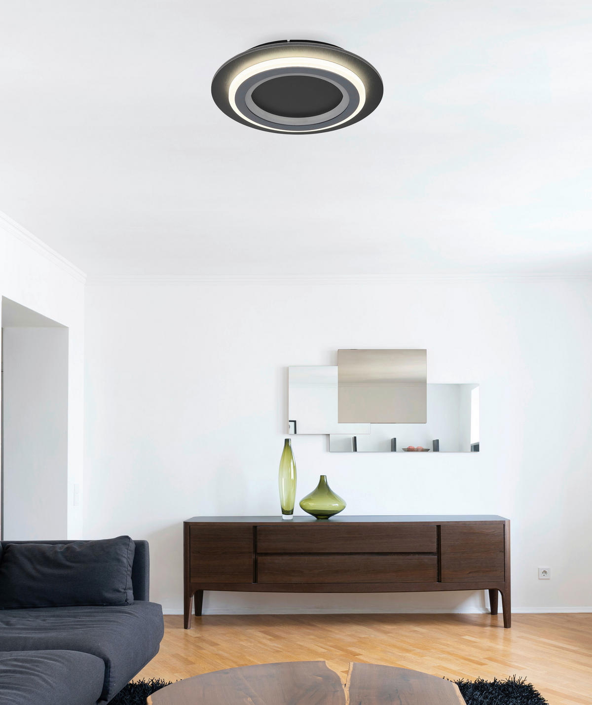GLOBO LED-Deckenleuchte mattschwarz Opal grau Metall Kunststoff Acryl H/D: ca. 5,5x34 cm 1 Brennstellen JAYDEN - Opal/mattschwarz (34,00/5,50cm) - GLOBO
