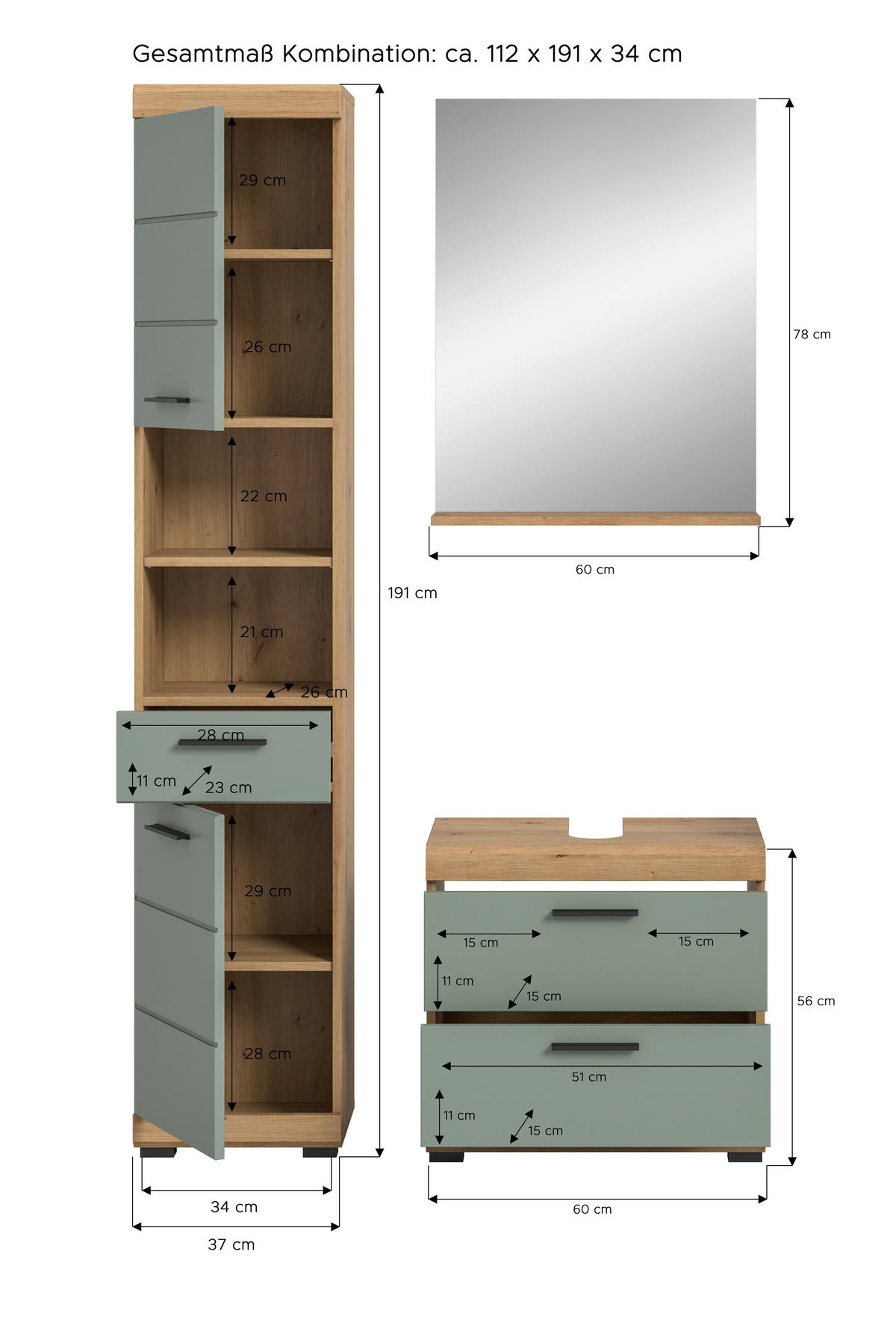 Badezimmer-Set Scout Eiche Artisan Nachbildung salbei Nachbildung B/H/T: ca. 112x191x37 cm Scout - Eiche/salbei (112,00/191,00/37,00cm) - xonox.home