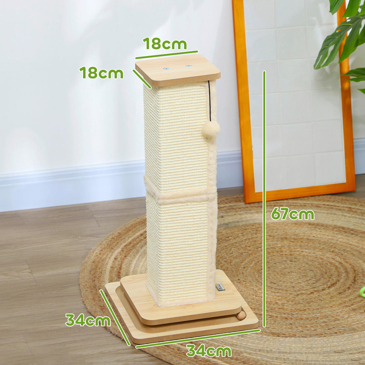 PawHut Kratzstamm Eiche Sisal B/H/L: ca. 34x67x34 cm Kratzstamm - Eiche (34,00/34,00/67,00cm) - PawHut
