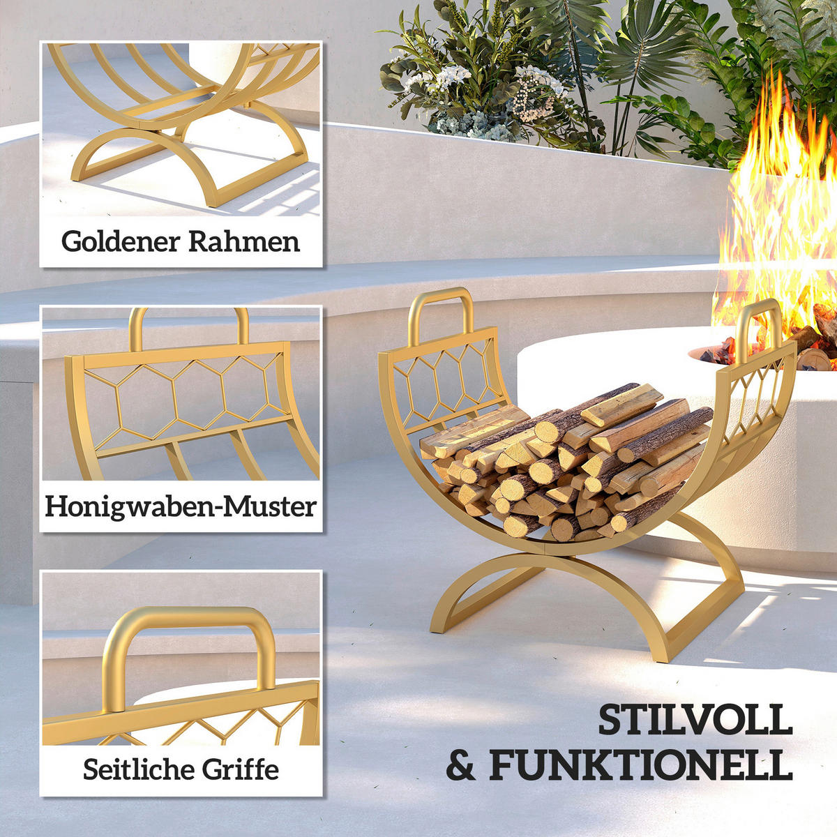 Outsunny Kaminholzregal gold B/H/L: ca. 36x41x46 cm Kaminholzregal - gold (46,00/36,00/41,00cm) - Outsunny