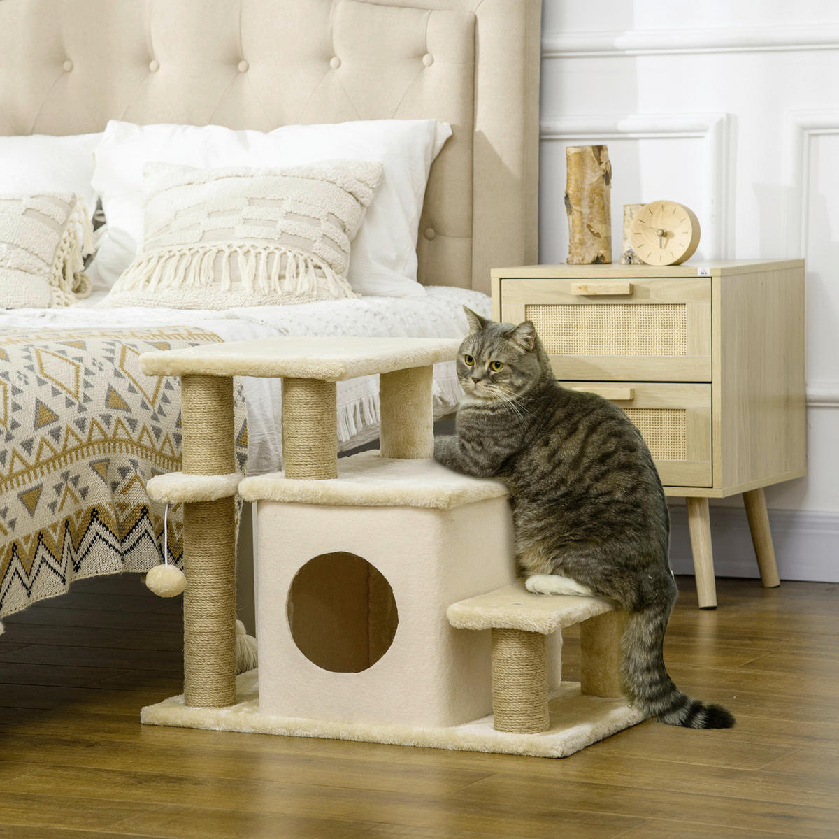 PawHut Katzentreppe m. Schlafhöhle beige Edelstahl B/H/L: ca. 40x60x66 cm Haustiertreppe - beige (66,00/40,00/60,00cm) - PawHut