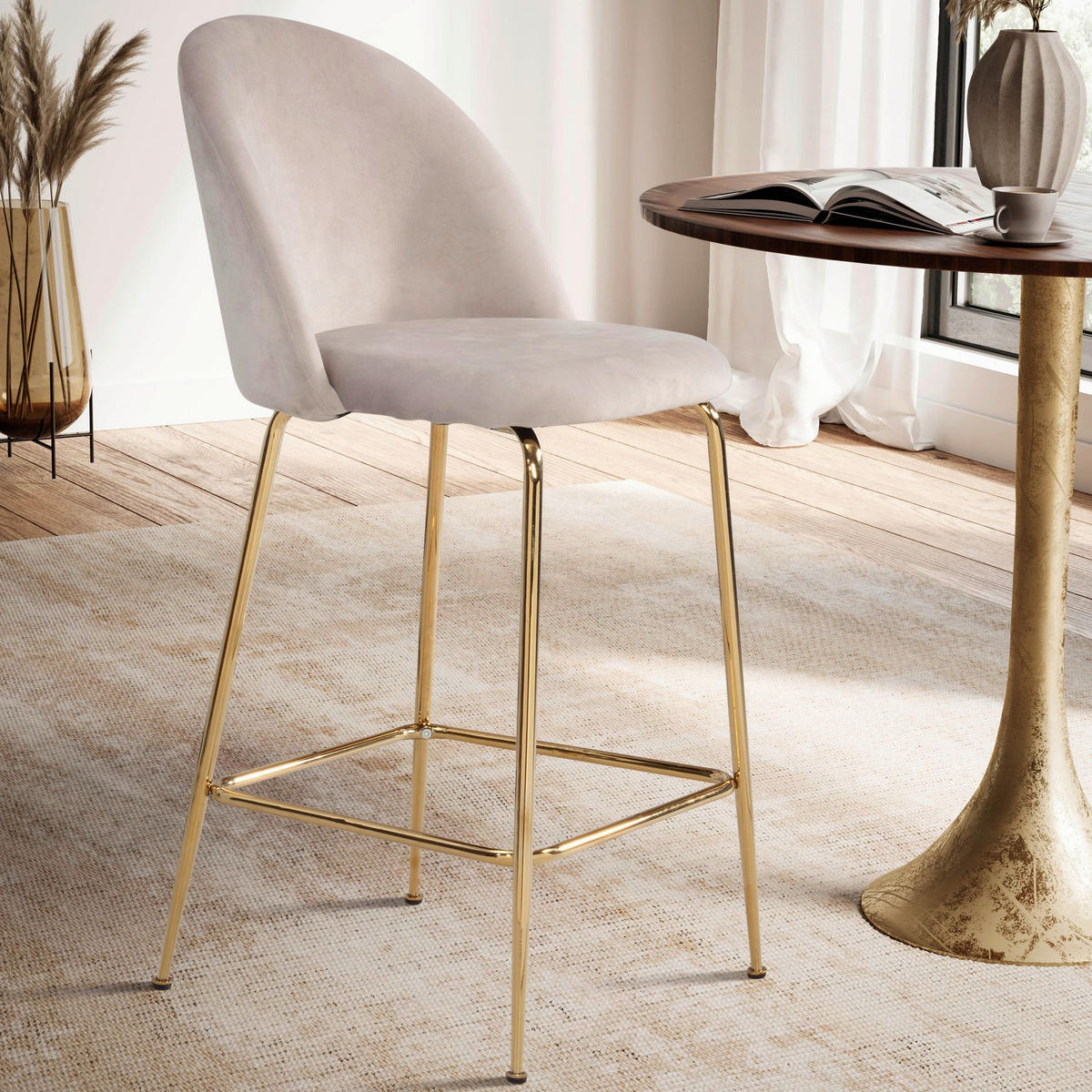 Barhocker 2er Set beige messing Samt Eisen 2er Set - beige/messing - Wohnling