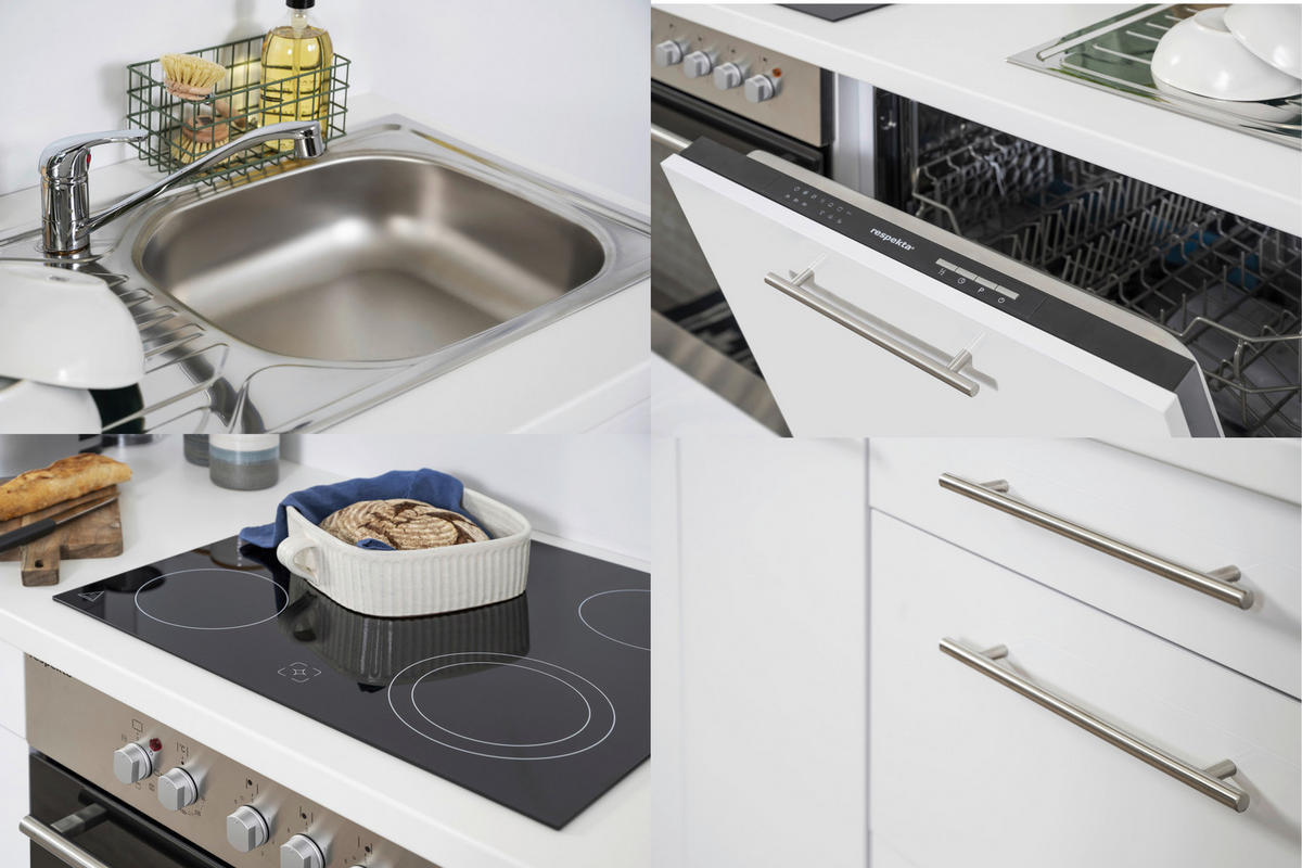 Respekta Winkelküche Amanda weiß Hochglanz B/T/L: ca. 290x60x200 cm Amanda - weiß/Edelstahloptik (290,00/200,00cm) - Respekta