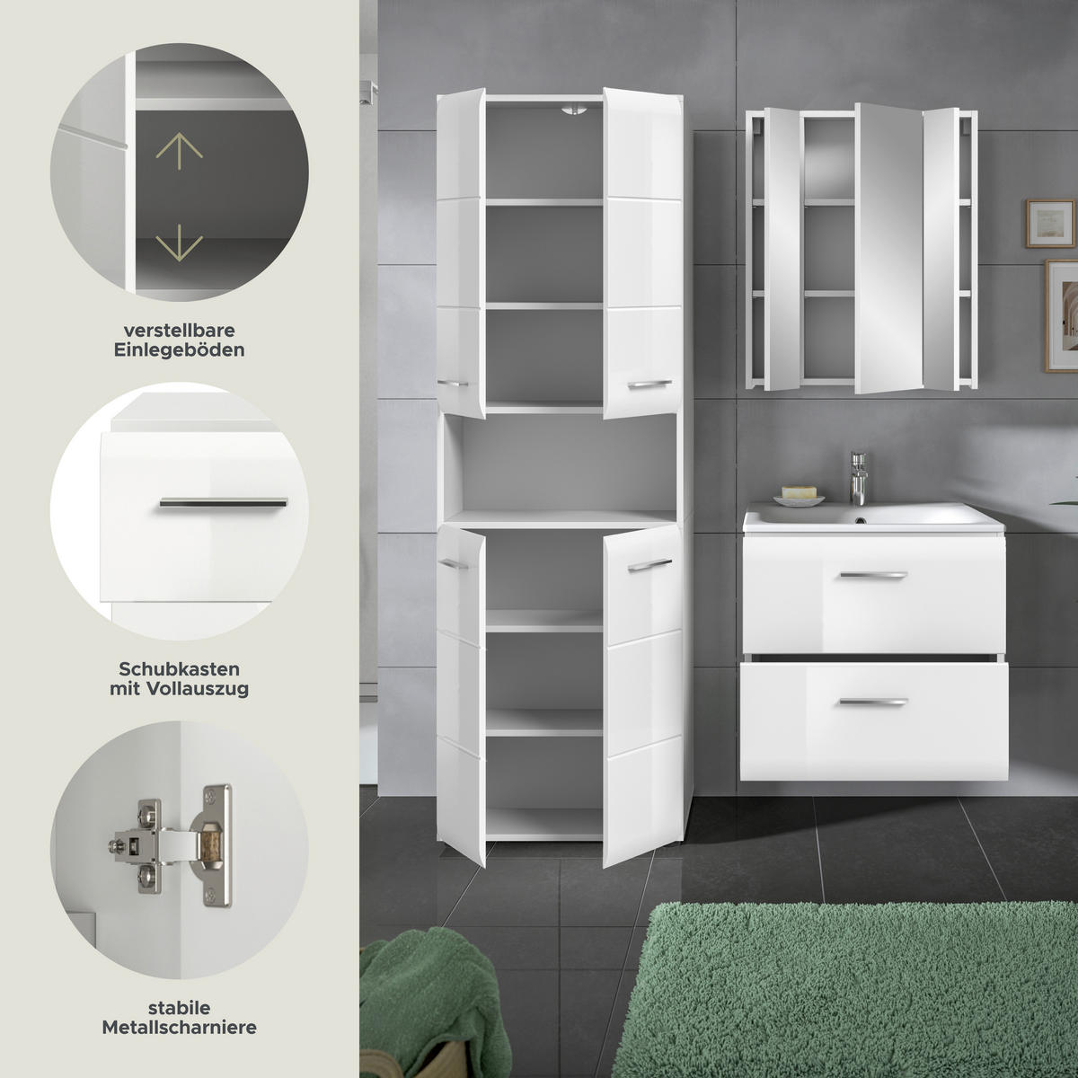 Badezimmer-Set Ice weiß weiß Hochglanz B/H/T: ca. 135x185x46 cm Ice - weiß (135,00/185,00/46,00cm) - xonox.home