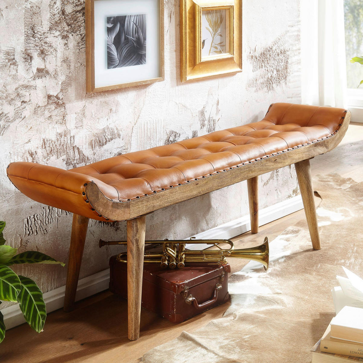 Wohnling Sitzbank braun natur Leder Echtholz B/H/T: ca. 125x50x38 cm Sitzbank - braun/natur (125,00/50,00/38,00cm) - Wohnling