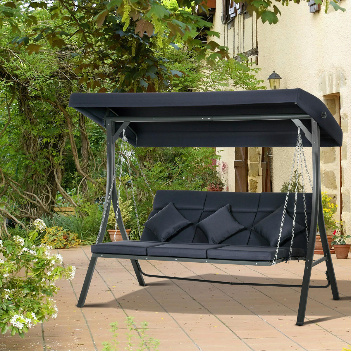 Outsunny Hollywoodschaukel dunkelblau Polyester B/H/L: ca. 118x168x198 cm Hollywoodschaukel - schwarz/dunkelblau (198,00/118,00/168,00cm) - Outsunny