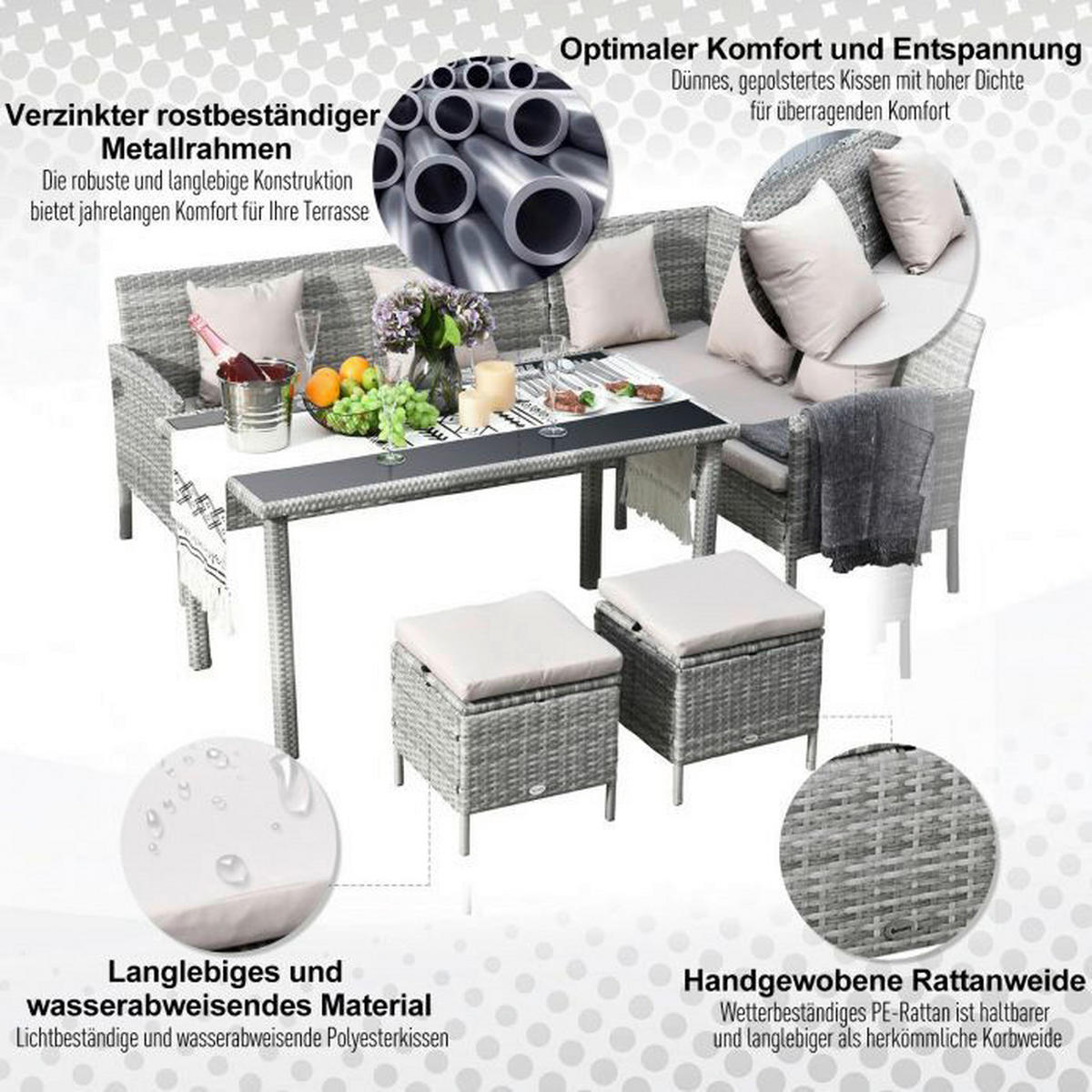 Outsunny Gartensitzgruppe grau Polyrattan B/H/L: ca. 142x75x125 cm Gartensitzgruppe - creme/grau (125,00/142,00/75,00cm) - Outsunny