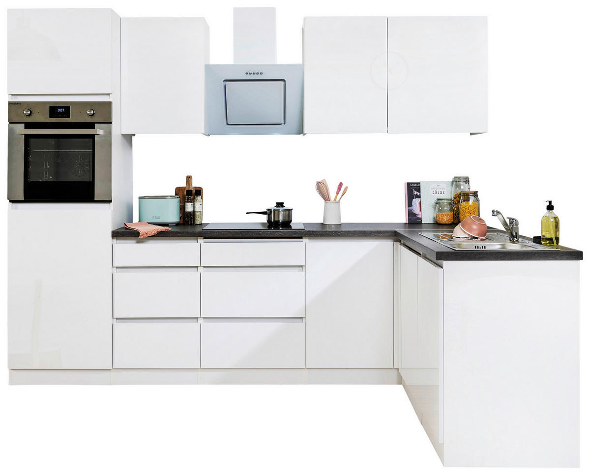 Respekta Küchenblock Premium weiß hochglänzend B/H/T: ca. 280x220,5x172 cm Premium - weiß/granit (280,00/220,50/172,00cm) - Respekta