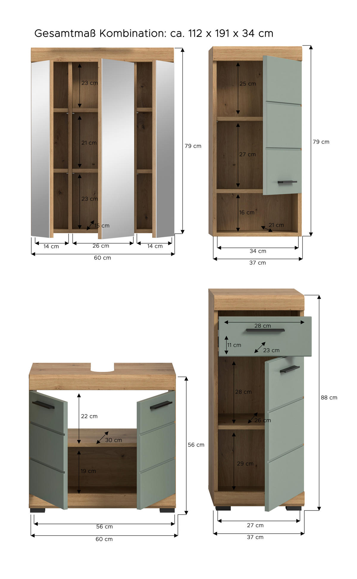 Badezimmer-Set Scout Eiche Artisan Nachbildung salbei Nachbildung B/H/T: ca. 112x191x34 cm Scout - Eiche/salbei (112,00/191,00/34,00cm) - xonox.home