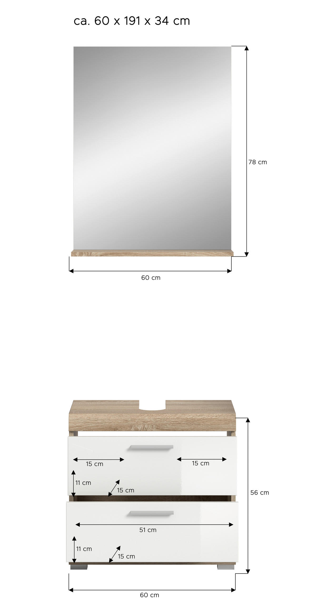 Badezimmer-Set Lambada Eiche Sonoma Nachbildung weiß Hochglanz B/H/T: ca. 60x191x37 cm Lambada - Eiche/weiß (60,00/191,00/37,00cm) - xonox.home