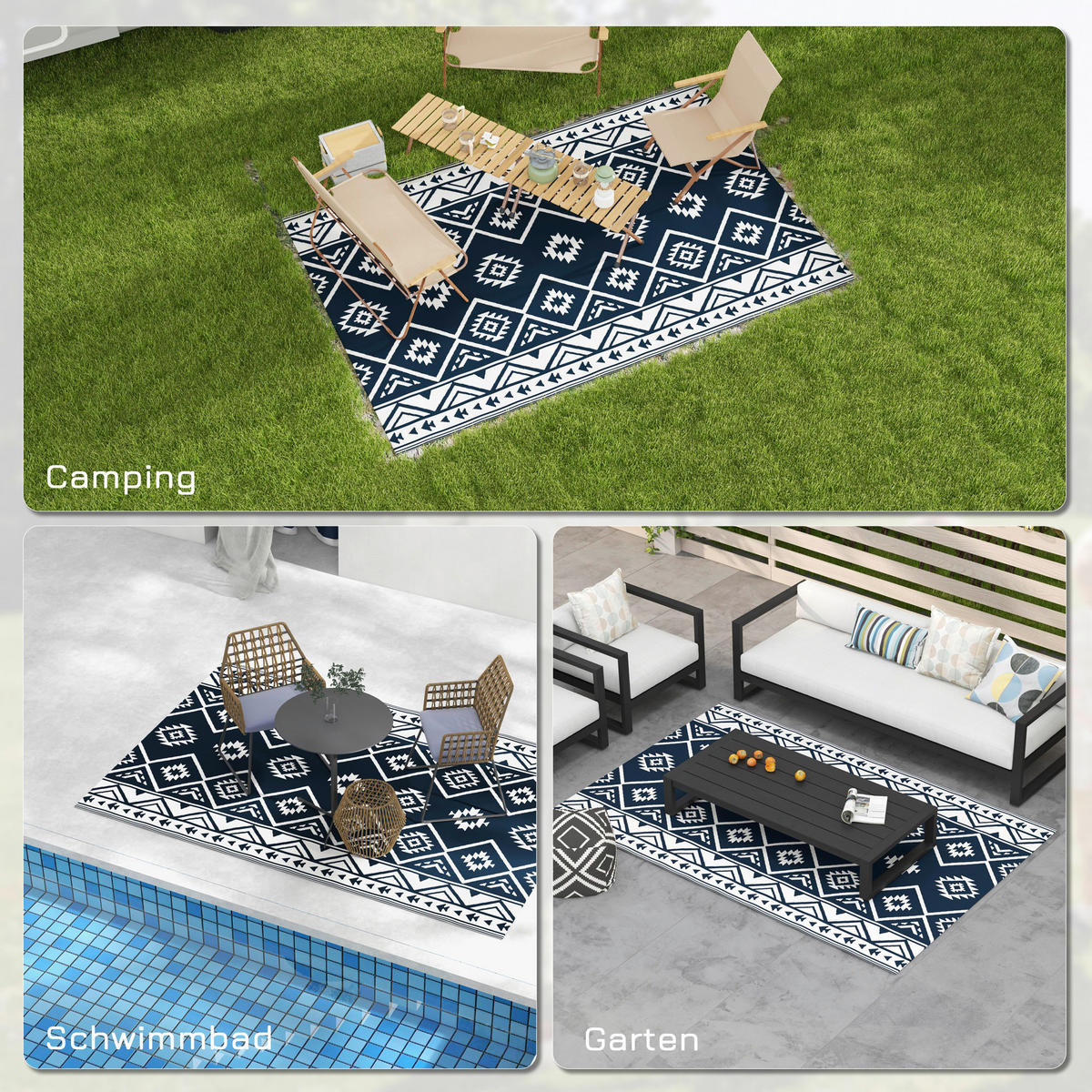 Outsunny Outdoor-Teppich blau B/H/L: ca. 274x182x0,3 cm Outdoor-Teppich - blau/weiß (0,30/274,00/182,00cm) - Outsunny