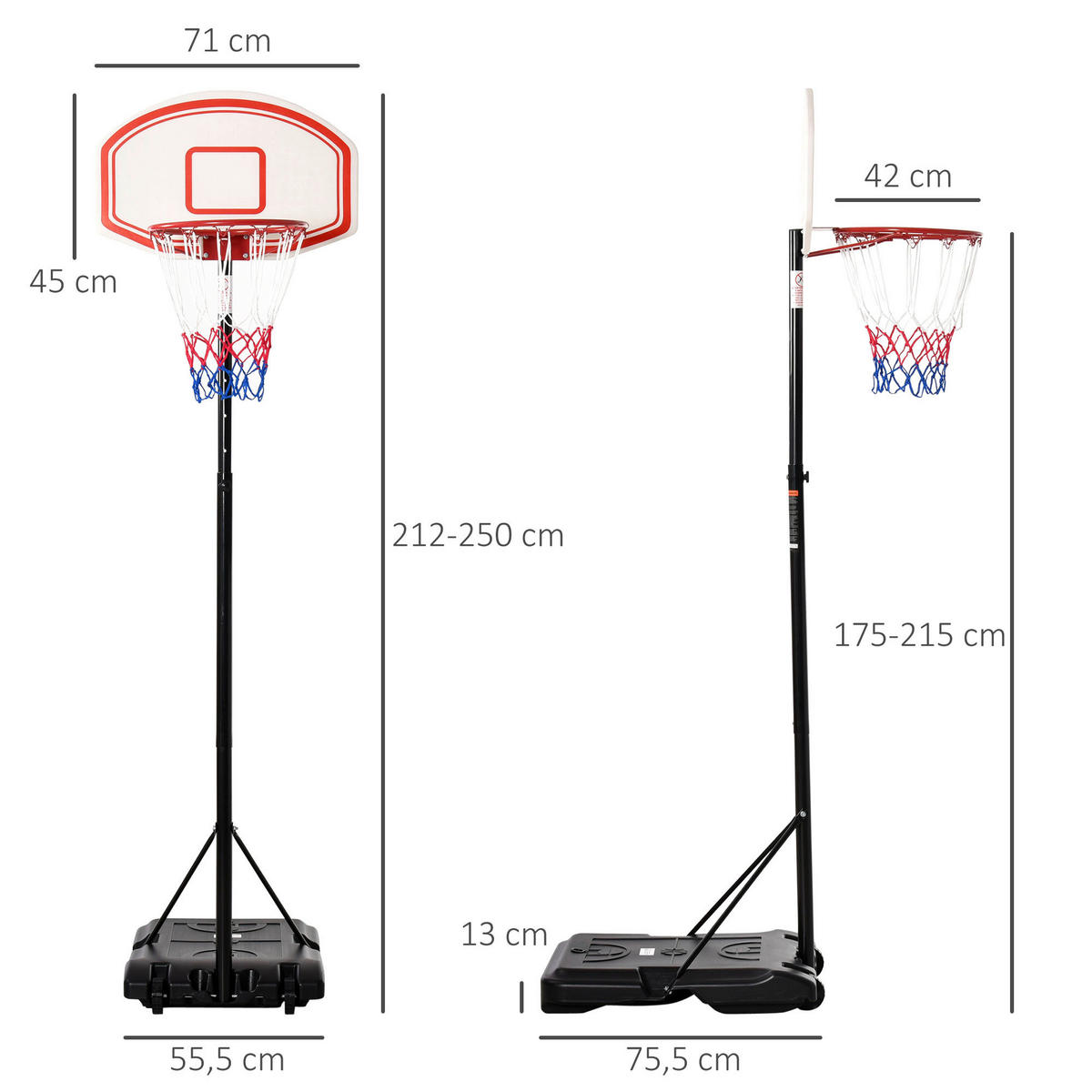 HOMCOM Basketballkorb schwarz B/H/L: ca. 71x250x75,5 cm Basketballkorb - weiß/schwarz (75,50/71,00/250,00cm) - HOMCOM