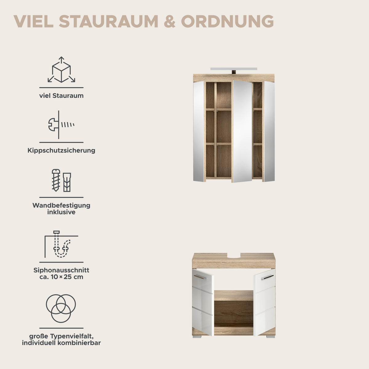 Badezimmer-Set Lambada Eiche Sonoma Nachbildung weiß Hochglanz B/H/T: ca. 60x191x34 cm Lambada - Eiche/weiß (60,00/191,00/34,00cm) - xonox.home