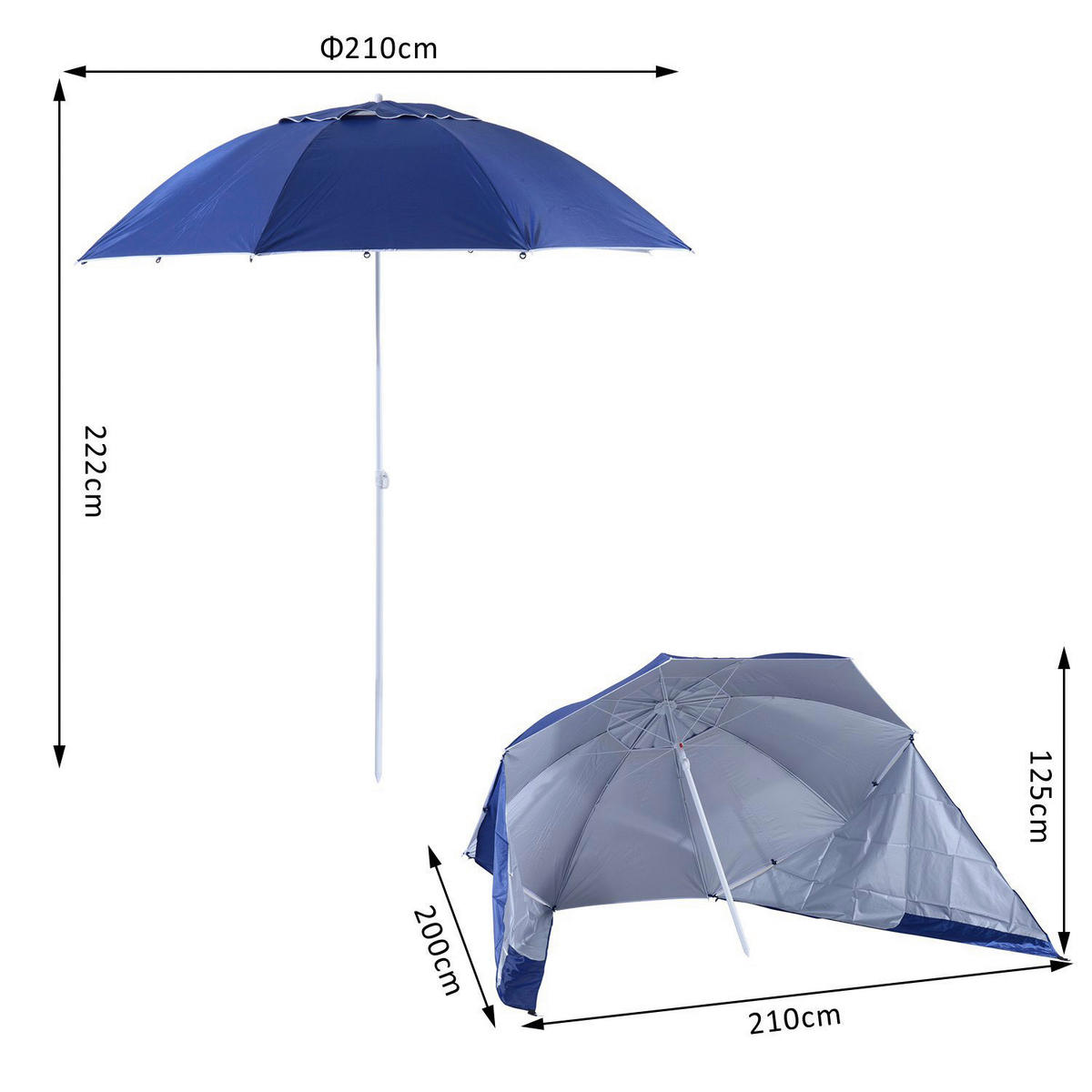 Outsunny Strandschirm blau Metall H/D: ca. 222x210 cm Strandschirm - blau (210,00/222,00cm) - Outsunny