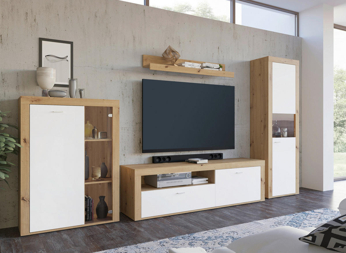 Vitrine Mallorca Plus Eiche Artisan Nachbildung weiß B/H/T: ca. 60x190x35 cm Mallorca Plus - Eiche/weiß (60,00/190,00/35,00cm)