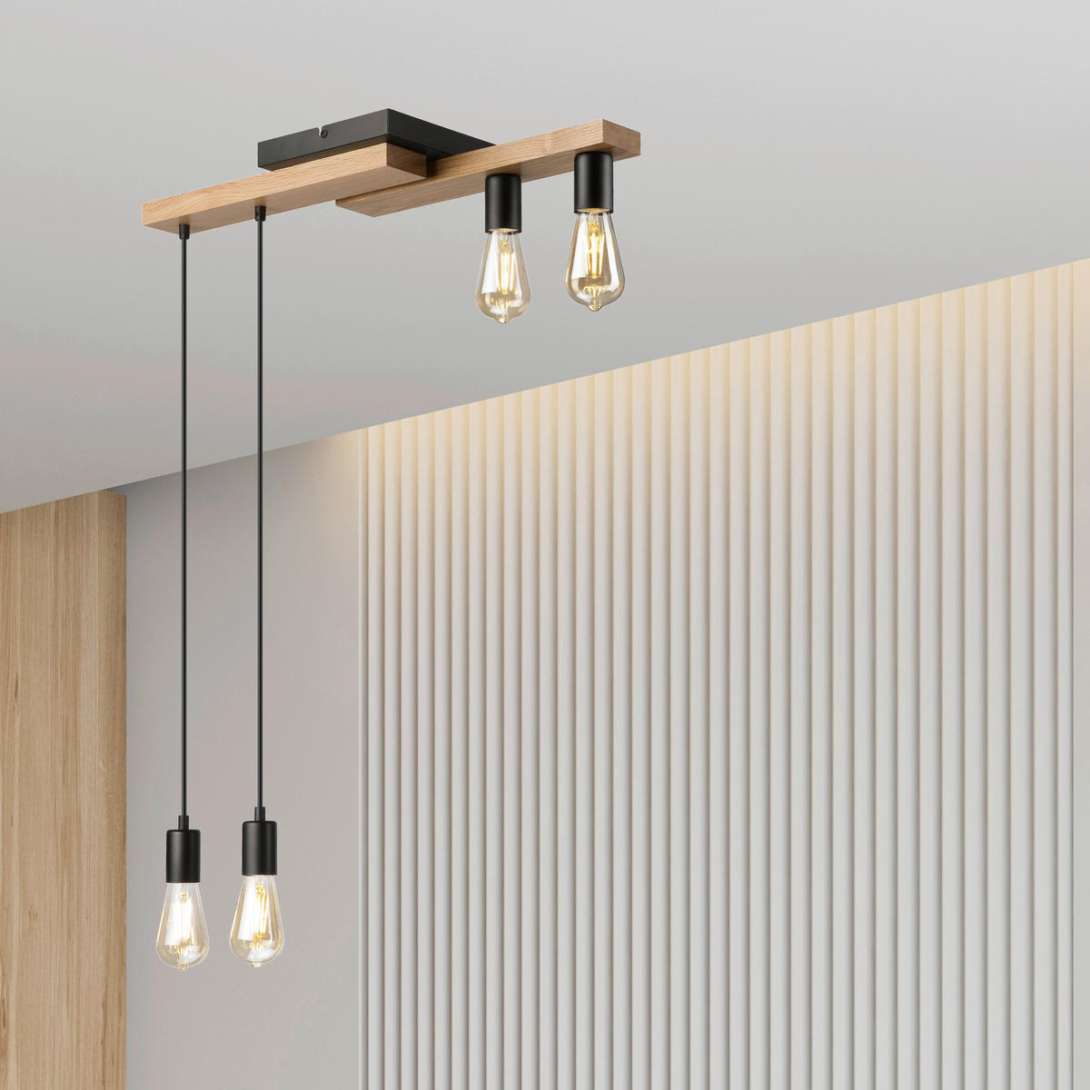 Lamkur Pendelleuchte weiß Holz B/H/L: ca. 20x86x64 cm E27 4 Brennstellen CORTINA - weiß (64,00/20,00/86,00cm) - Lamkur