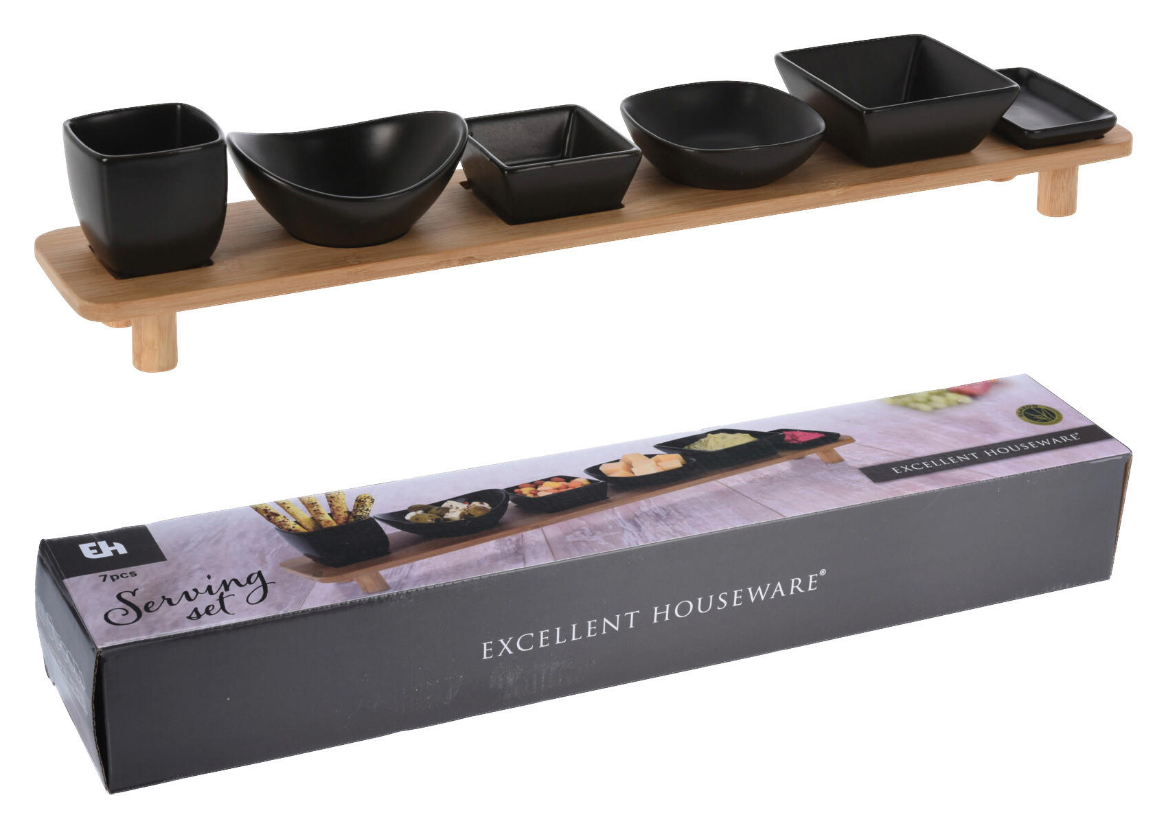 Excellent Houseware Servierset 7-teilig schwarz Keramik B/H/T: ca. 50x8x8 cm Servierset_7tlg. - natur/schwarz (50,00/8,00/8,00cm) - Excellent Houseware