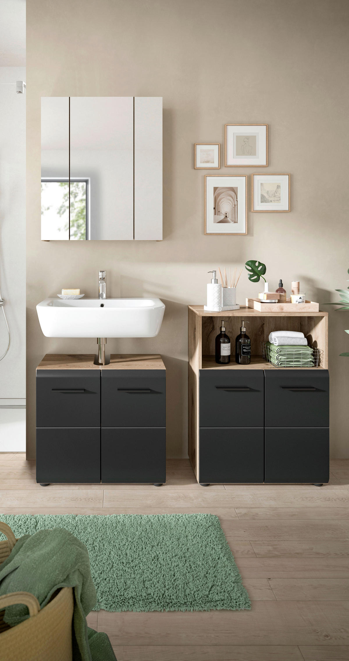 Badezimmer-Set Ice Nox Oak Nachbildung schwarz matt B/H/T: ca. 135x185x30 cm Ice - schwarz (135,00/185,00/30,00cm) - xonox.home