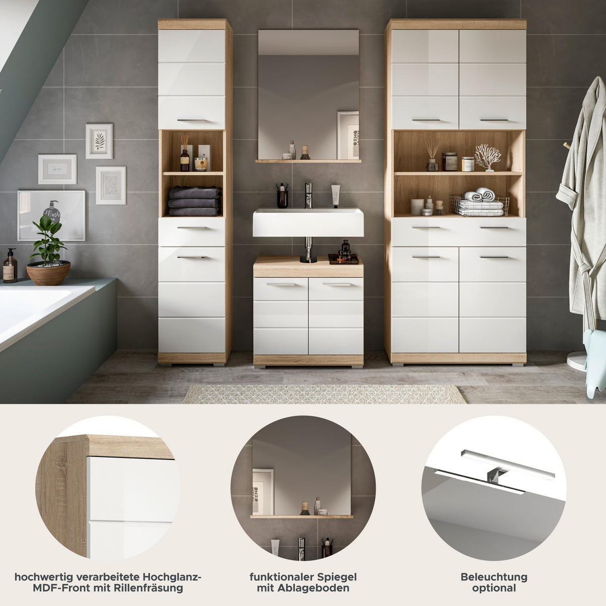 Badezimmer-Set Lambada Eiche Sonoma Nachbildung weiß Hochglanz B/H/T: ca. 186x191x34 cm Lambada - Eiche/weiß (186,00/191,00/34,00cm) - xonox.home