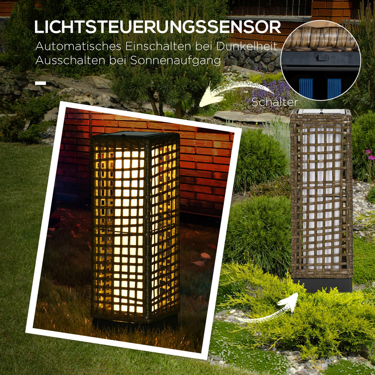 Solarleuchte sand Polyrattan Edelstahl Polypropylen B/H/L: ca. 15,5x15,5x46 cm Solarleuchte - sand (46,00/15,50/15,50cm) - Outsunny