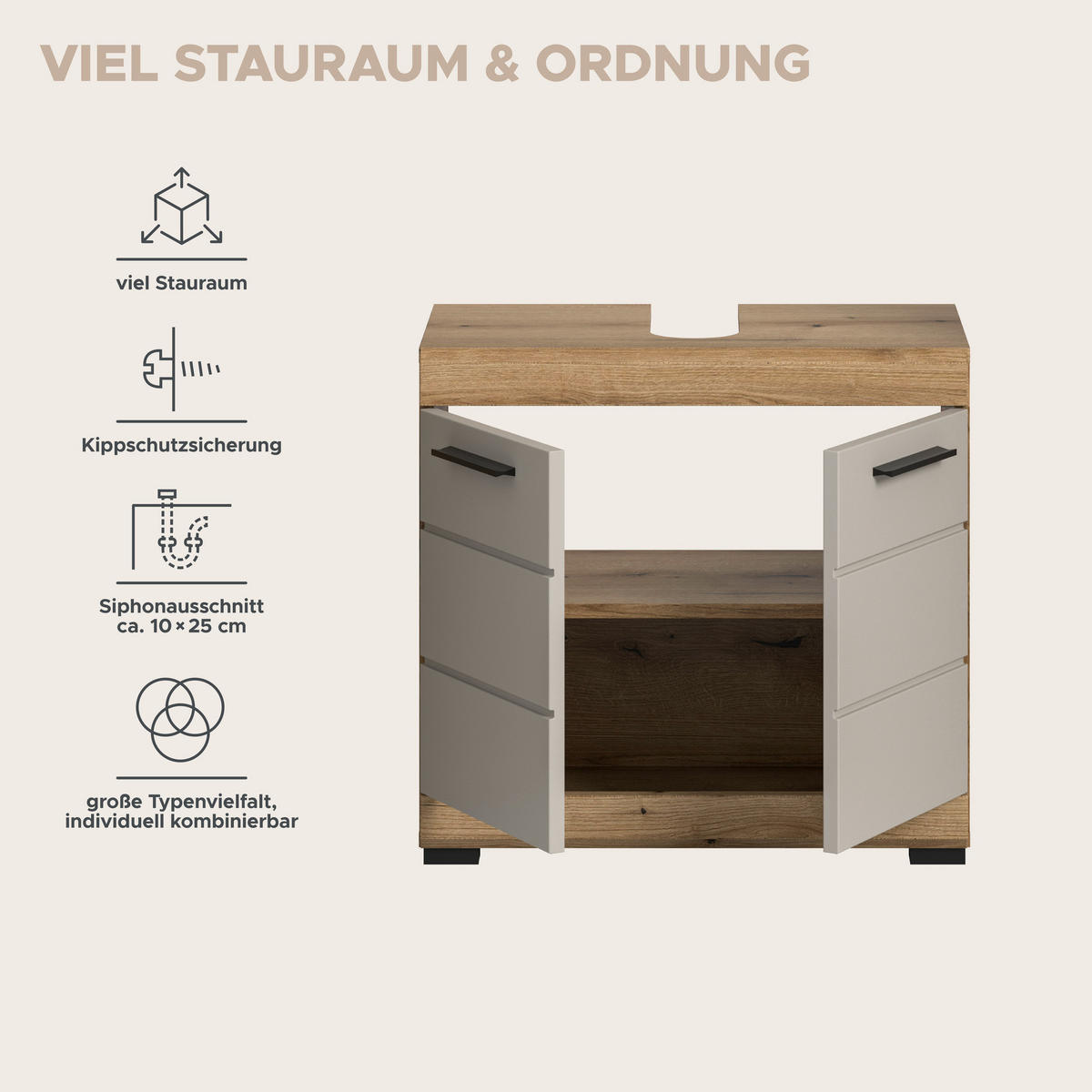 Waschbeckenunterschrank Scout Evoke Oak Nachbildung Kaschmirgrau Nachbildung B/H/T: ca. 60x56x34 cm Scout - Kaschmirgrau (60,00/56,00/34,00cm) - xonox.home