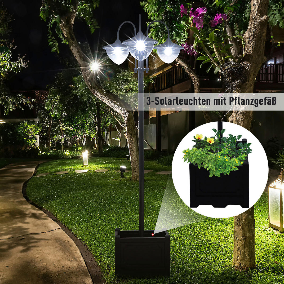 Solarlaterne mit Blumentopf schwarz Aluminium Edelstahl Polypropylen B/H/L: ca. 55x189x60 cm Solarlaterne_mit_Blumentopf - schwarz (60,00/55,00/189,00cm) - Outsunny