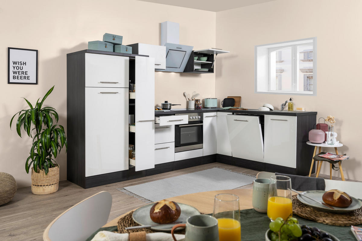 Respekta Winkelküche Amanda weiß Hochglanz B/T/L: ca. 290x60x200 cm Amanda - weiß/Edelstahloptik (290,00/200,00cm) - Respekta