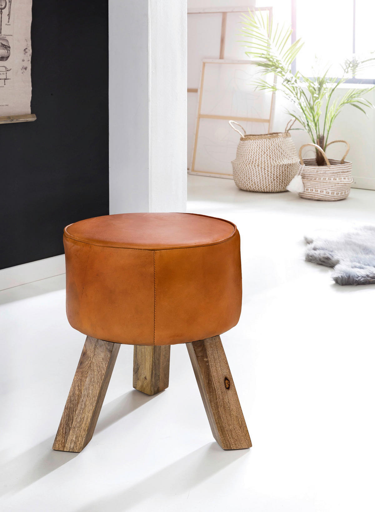 Wohnling Sitzhocker braun natur Leder Echtholz B/H/T: ca. 37x45x37 cm Sitzhocker - braun/natur (37,00/45,00/37,00cm) - Wohnling