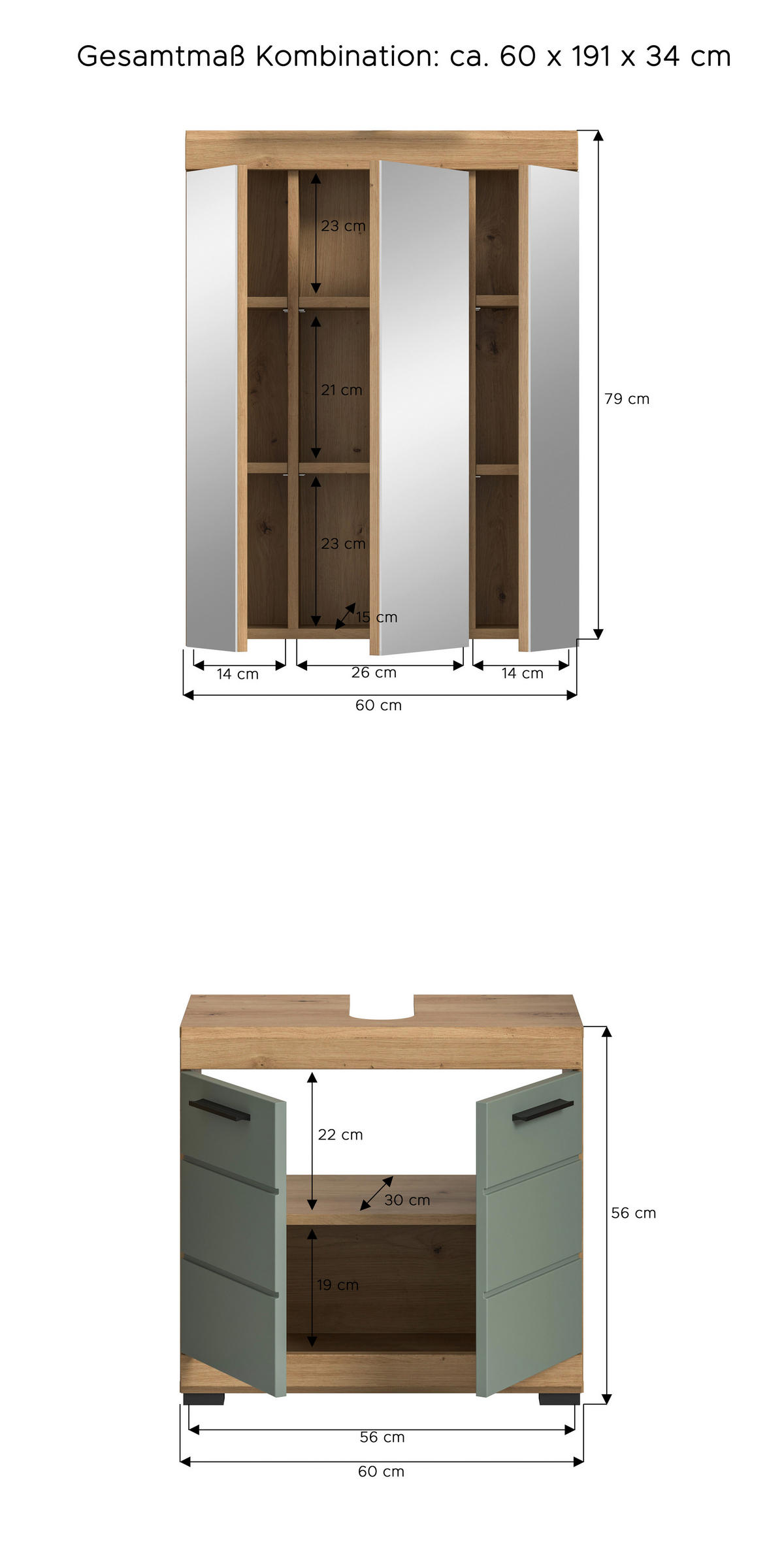 Badezimmer-Set Scout Eiche Artisan Nachbildung salbei Nachbildung B/H/T: ca. 60x191x34 cm Scout - Eiche/salbei (60,00/191,00/34,00cm) - xonox.home