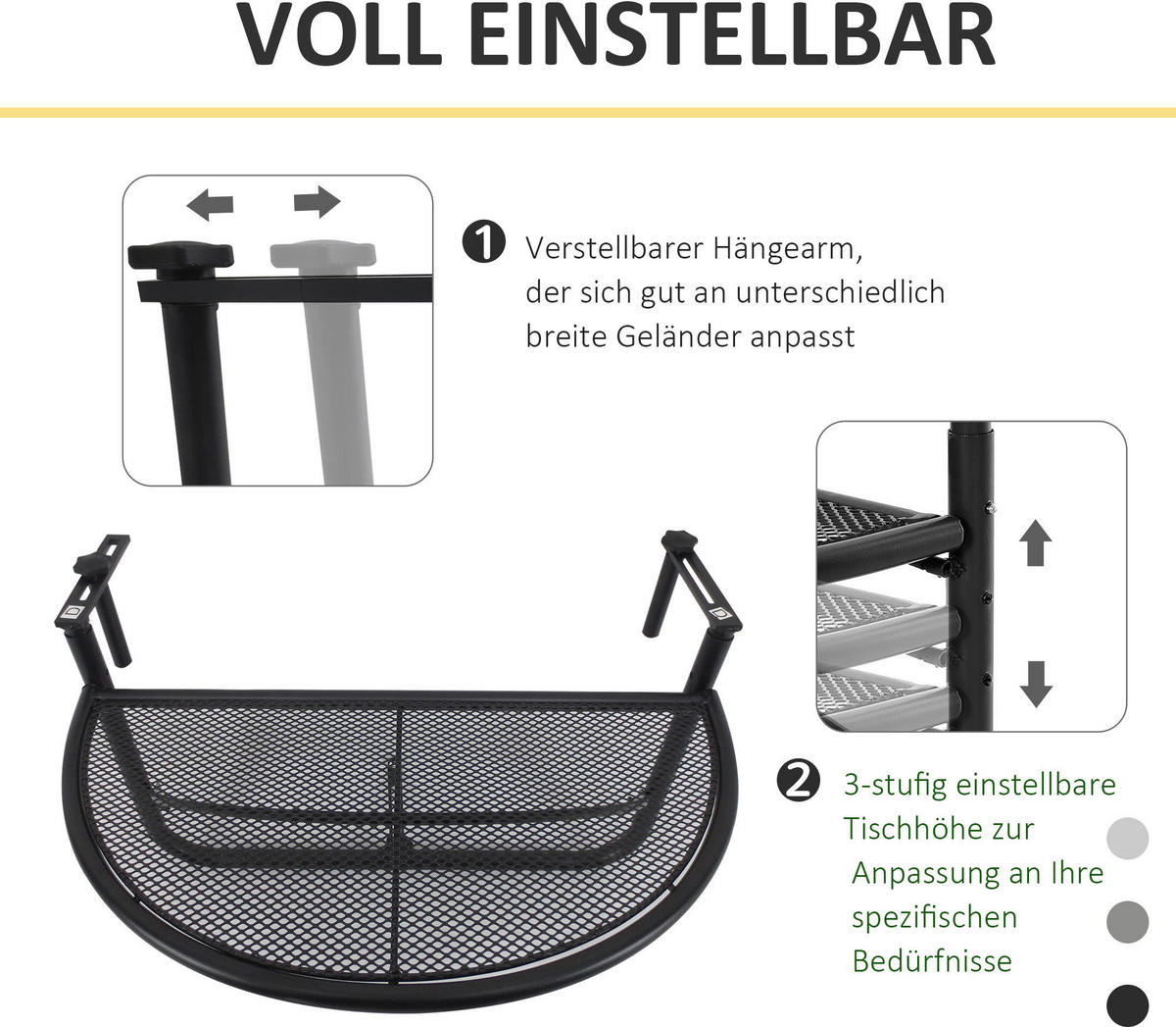 Outsunny Balkonhängetisch schwarz Metall B/H/L: ca. 45x50x60 cm Balkonhängetisch - schwarz (60,00/45,00/50,00cm) - Outsunny