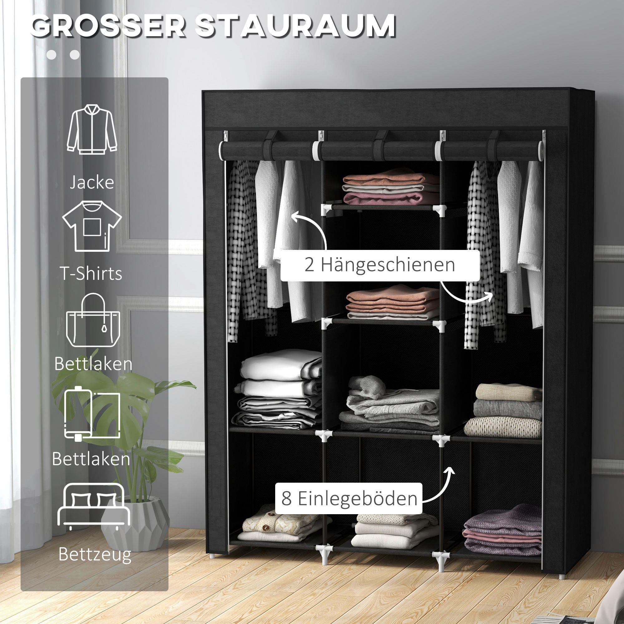 HOMCOM Kleiderschrank schwarz Edelstahl B/H/L: ca. 43x125x162,5 cm Stoffschrank - schwarz (162,50/43,00/125,00cm) - HOMCOM