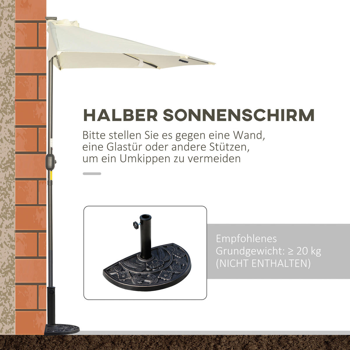 Outsunny Halbrunder Regenschirm beige Eisen B/H/L: ca. 135x240x270 cm Sonnenschirm_Halbrunder - beige (270,00/135,00/240,00cm) - Outsunny