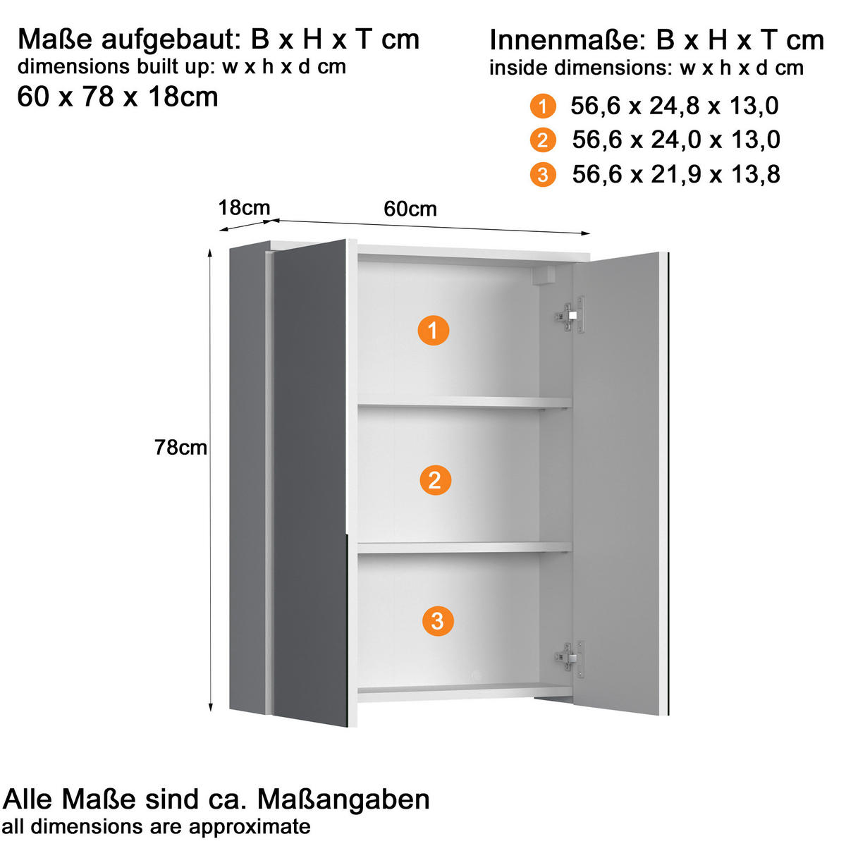 Spiegelschrank Wons weiß Hochglanz weiß matt B/H/T: ca. 60x78x18 cm Wons - weiß (60,00/78,00/18,00cm) - Trendteam